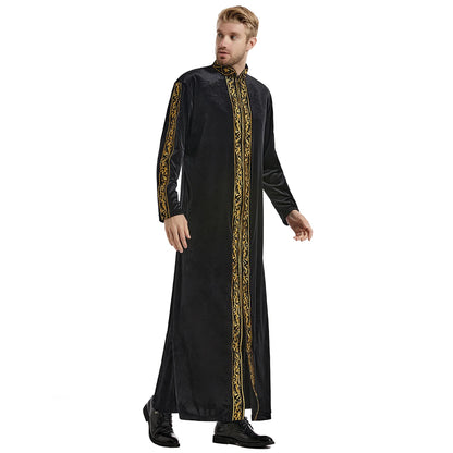 TH825 Men's Muslim Middle Eastern Men Long Sleeves Velvet Embroidered Zipper Robe Ramadan Eid Jubba Thobe