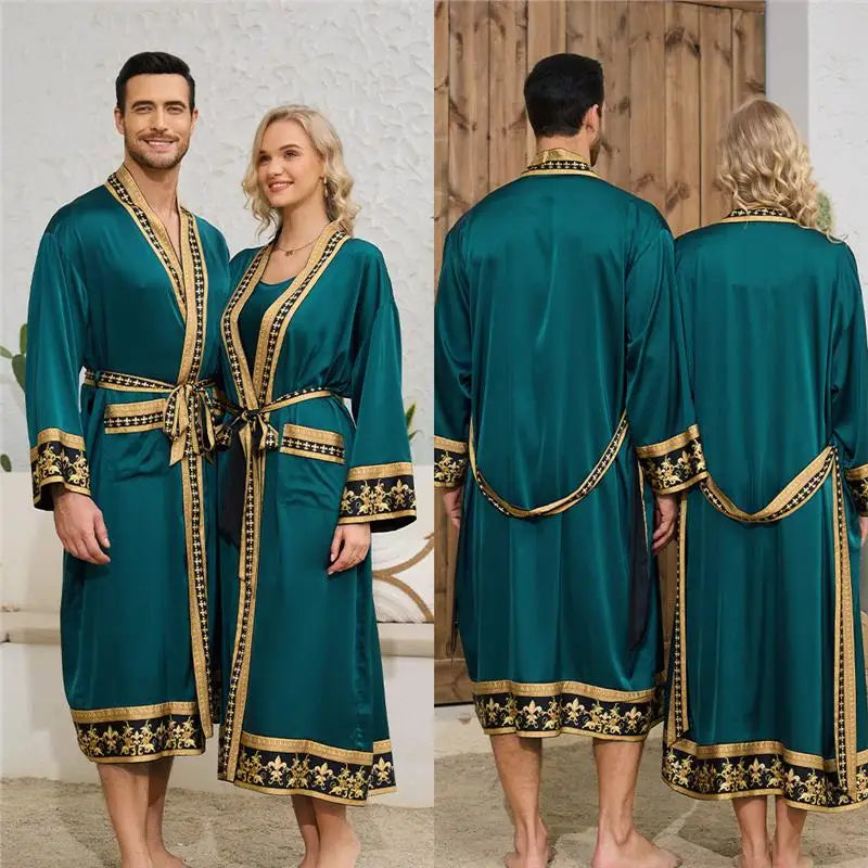 Baroque Style Couple Sleep Robe Long Sleeve Luxury Satin Bathrobe WP3403 Oversize Autumn Winter Home Clothes Men's Robe