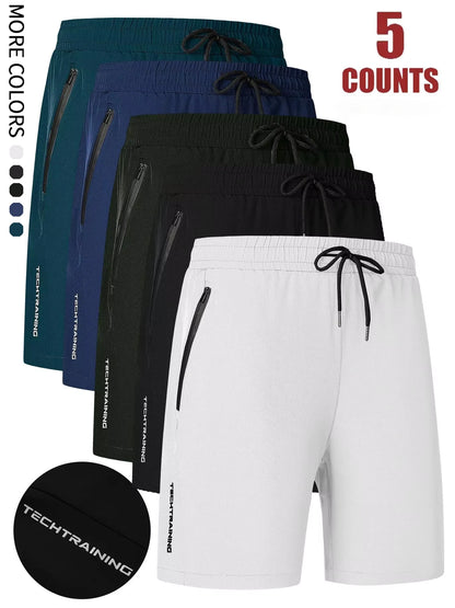 Men's Five-Piece Shorts, Sports, Fitness, Swimming, with Zipper Pockets, Quick-Drying, Casual, Breathable, Drawstring Shorts, Suitable for Summer Outdoor Sports, Fitness Training, Home Leisure, Beach Vacation