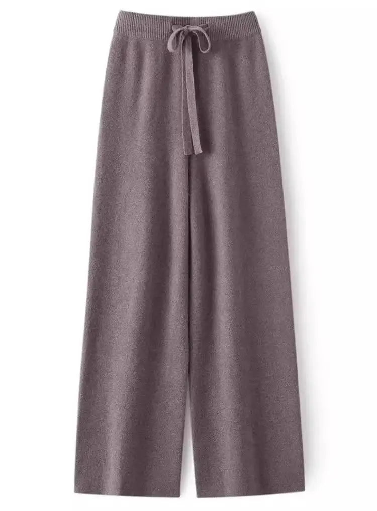 High Waist Wool Knitted Wide Leg Pants Women's Outerwear Autumn Winter Thickened Floor-Length Straight Cut Casual Trousers