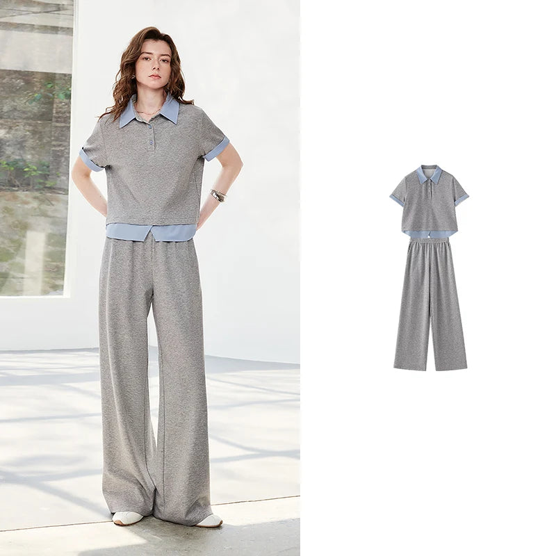 TOYOUTH Women Color Block Patchwork Two-Piece T-Shirt and Wide Leg Pants 2026 Summer New Sporty Two-Piece Set