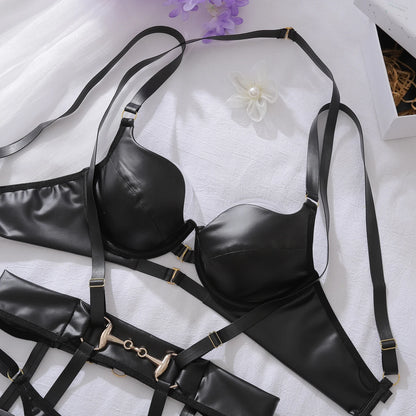 Women's Sexy Underwear Tight Rabbit Girl Underwear Binding Belt Sexy Leather Jacket Punk Gothic 3-Piece Set