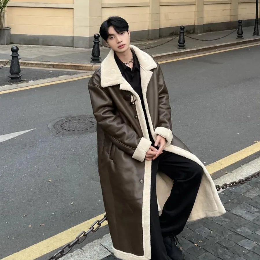 New Trend Warm Long Trench Coat Men's Winter Faux Fur Lined Jacket Thicken Warm Versatile Faux Fur Coat PU Leather Overcoat New
