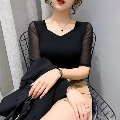 Autumn Winter Round Neck T shirt Women Sexy Mesh Bottoming Shirt Long Sleeve Solid Color Slim Fit Long Sleeve Casual Tops