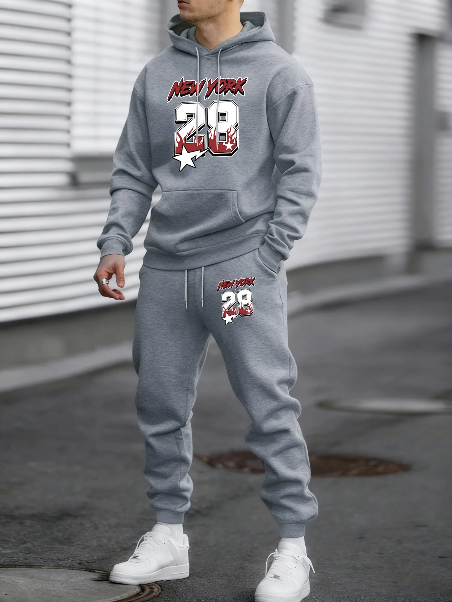 New York 28 Printed Winter Fleece Commute Men Hoodies Pants 2 Piece Set Loose Jogging Sweatpant Basic All-Match Sportswears
