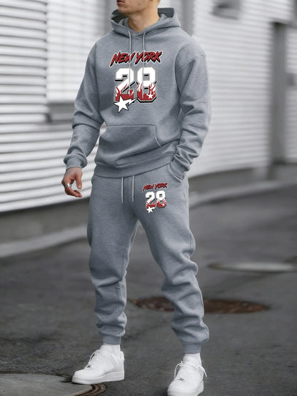 New York 28 Printed Winter Fleece Commute Men Hoodies Pants 2 Piece Set Loose Jogging Sweatpant Basic All-Match Sportswears