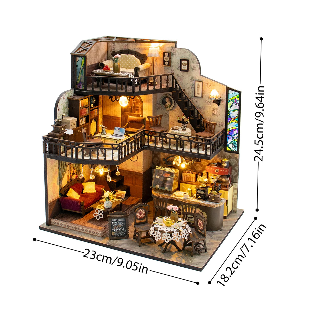 Coffee Villa Miniature Dollhouse Set 3D Puzzle Assembly Model Set DIY Handmade Toy Bookshelf, Wooden Crafts Birthday Gift