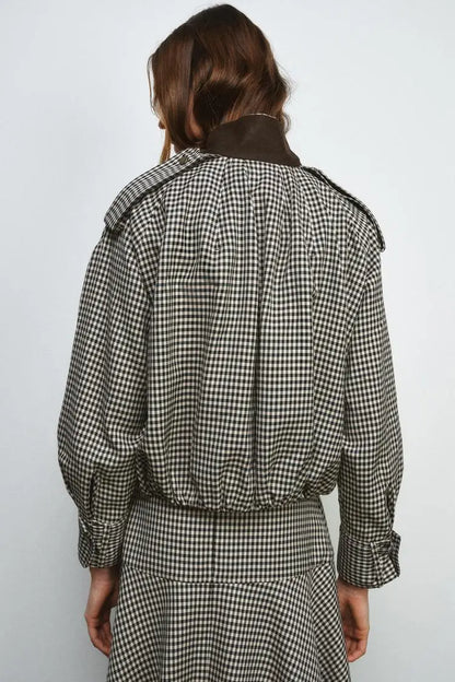 Color Block Plaid Pilot Jacket Coat High Collar Long Sleeve Women's Spring Fashion Set with Midi Skirt Spring Season Pattern