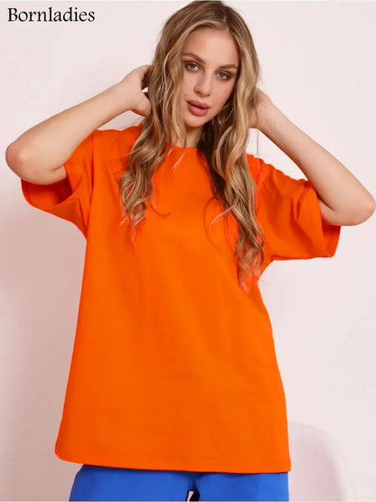 Bornladies 2025 Women's Summer 100% Cotton T-shirt Bottoming Basic Fashionable Solid Lady Short Sleeve Loose Tops Shirts