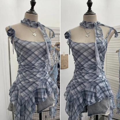 Women's Vintage Tie-dye Printed Mesh Spaghetti Strap Camisole Hot Girl Irregular Ruffled Ribbon Sleeveless Top Partyclub 1185
