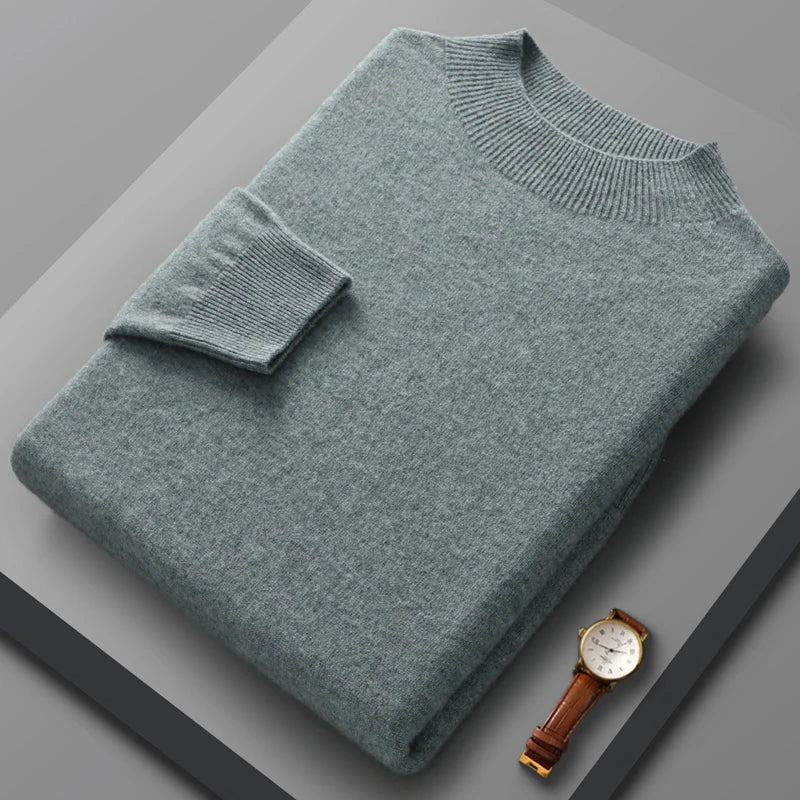 100% Merino Wool Sweater Men's Half high collar Knitted Hoodie Spring Autumn New Cashmere Sweater Versatile  Menswear