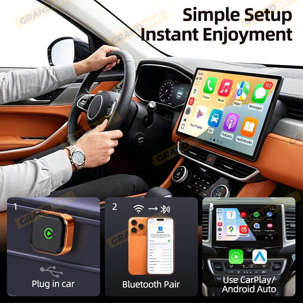 CarPlay Wireless Orange Adapter 2026 New Plug & Play Auto Connect No Delay Converts Wired to Wireless iPhone & Android