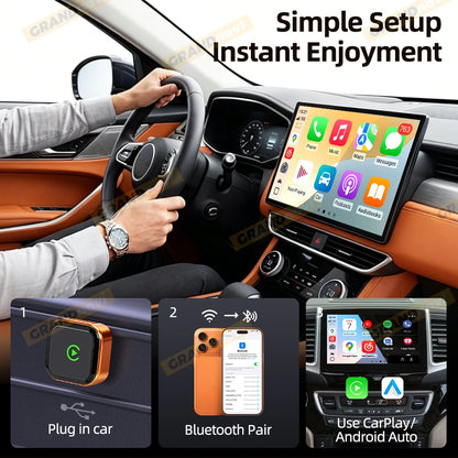 CarPlay Wireless Orange Adapter 2026 New Plug & Play Auto Connect No Delay Converts Wired to Wireless iPhone & Android