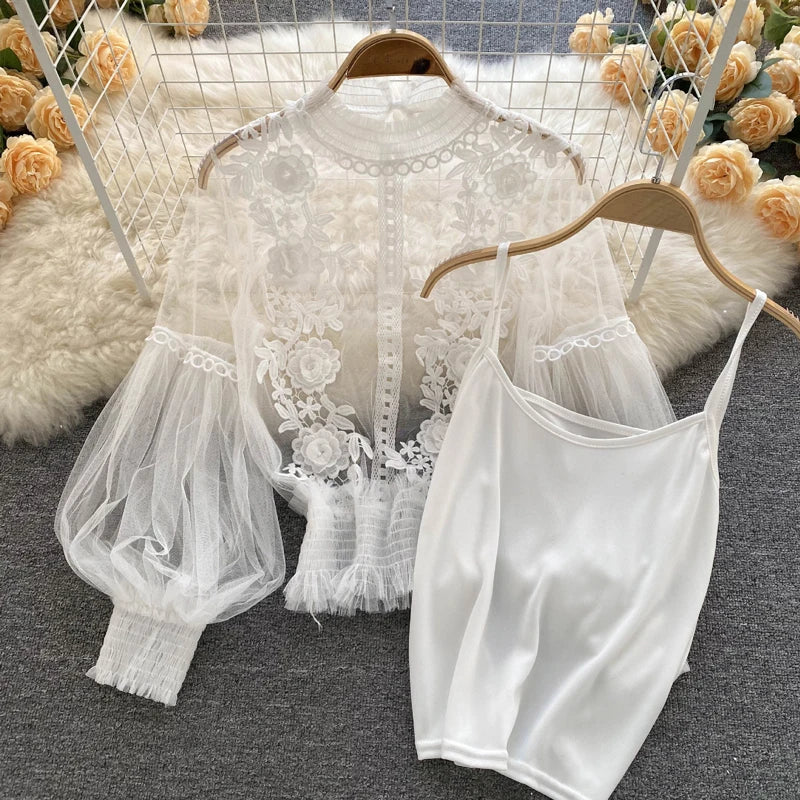 Summer Elegant Lace Blouses Korean Style Women's Clothing Casual Long Sleeve Tops Blusas Feminina Elegante Estilosa Y338