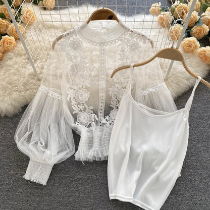 Summer Elegant Lace Blouses Korean Style Women's Clothing Casual Long Sleeve Tops Blusas Feminina Elegante Estilosa Y338
