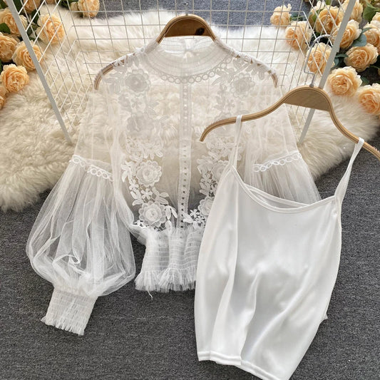 Summer Elegant Lace Blouses Korean Style Women's Clothing Casual Long Sleeve Tops Blusas Feminina Elegante Estilosa Y338