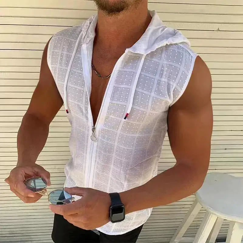 Summer Fashion Sleeveless/Long/Short Sleeved Hoodie Zipper T Shirt Casual Plaid Print Open Stitch Beach Sun Protection Clothing