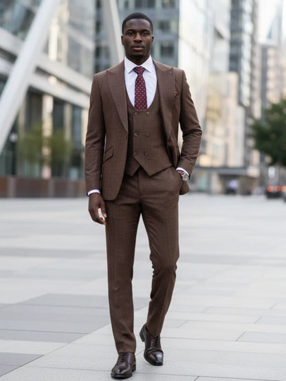 ST Cassy High Quality Men's Suit brown 3 pcs set Slim Fit Male Groom Wedding Blazers Party Dress  Suit Business Office