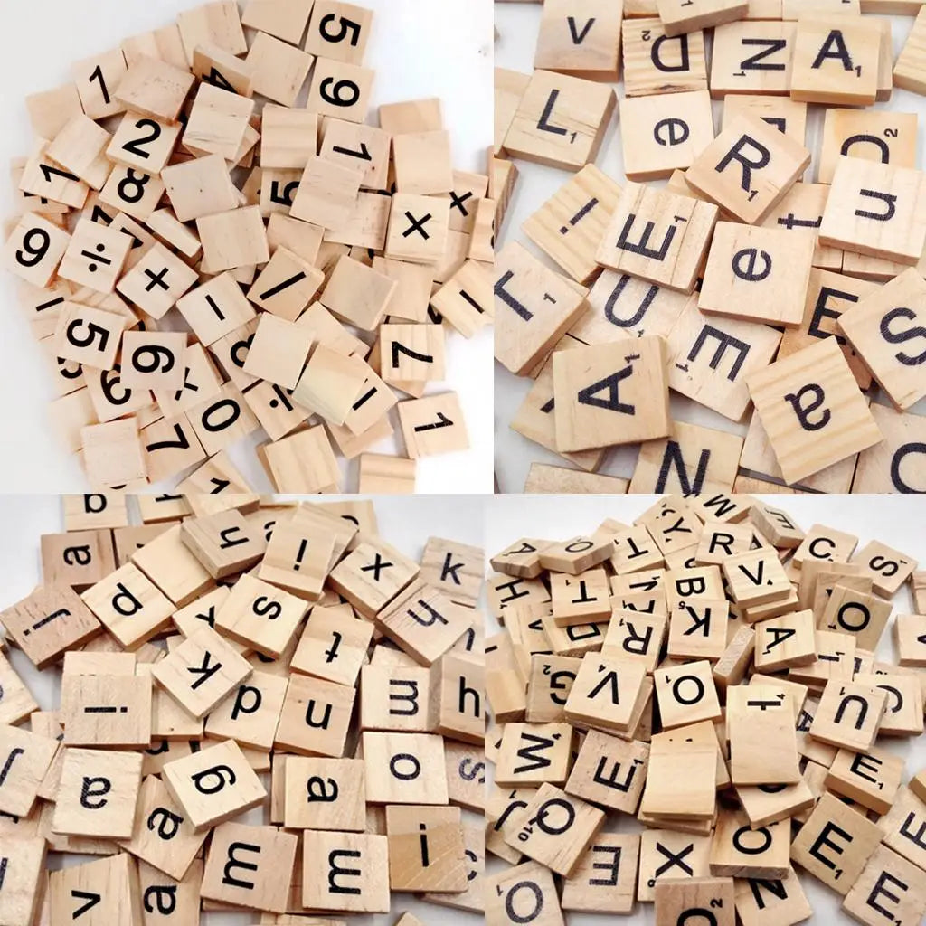 Kids Wooden Tiles Educational Puzzle Wood Letter Craft Scrapbooking Square Game Blocks for Family Fun