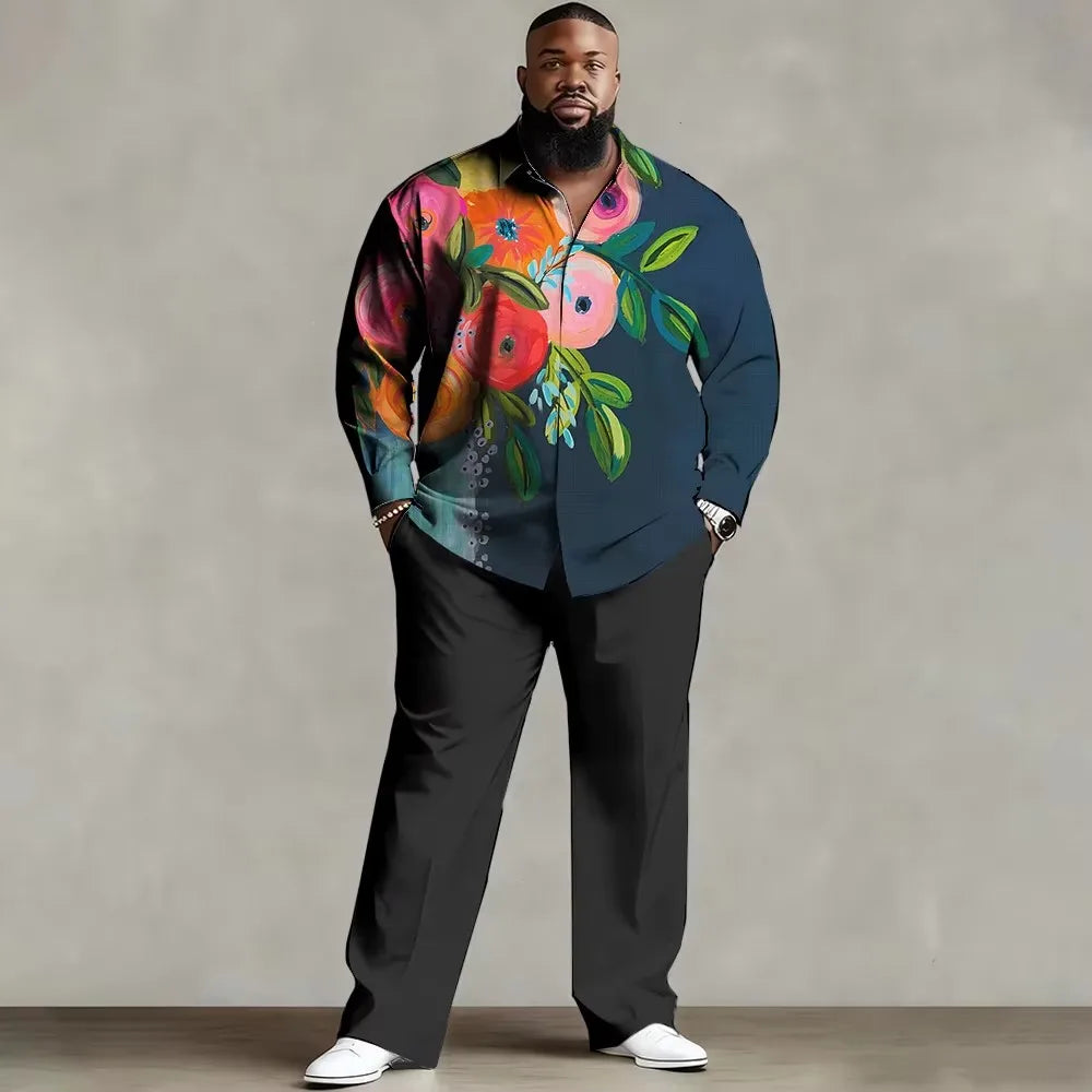 S-9XL Big & Tall Men's Vintage Print Shirt And Long Pants Loose Fit 2-Piece Set