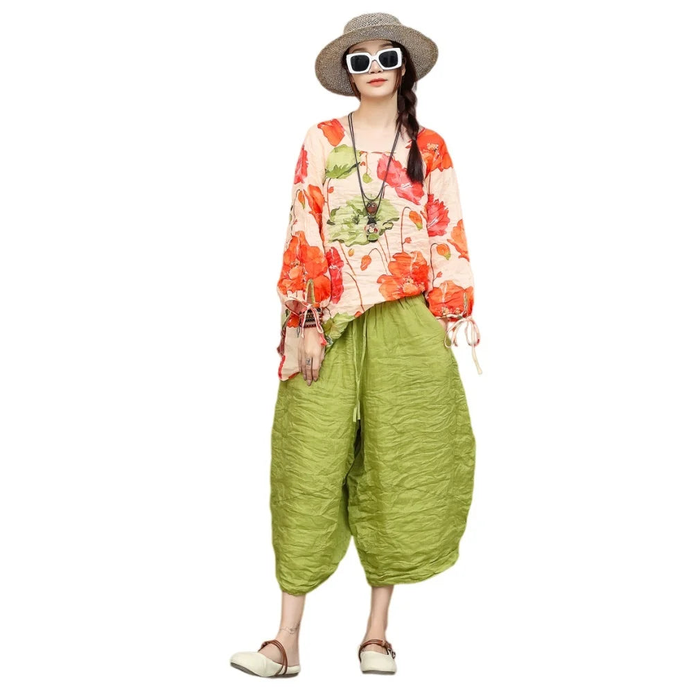 Artistic Ramie Suit Women Summer Floral Tie-up Top + Loose Wide-leg Cropped Pants Two-piece Set XY336