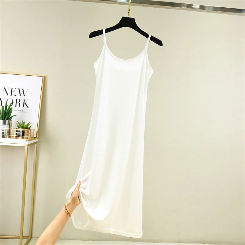 Summer Thin Ice Silk A-Line Dress Women's Casual Long Gown Inner Wear Vest Dress plus Size Korean Style Loose Waist Design