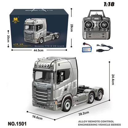 HUINA 1/18 19CH RC Truck 1501 770S Alloy Tractor 2.4G Remote Control Engineering Trailer Truck with Light and Sound Toys