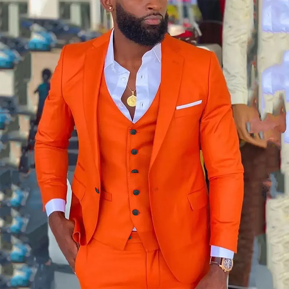 Bright Orange Costume Homme Wedding Dress Tuxedos Business Casual Suit For Men Notched Lapel 2 Piece（Blazer+ Pants）Men Suits