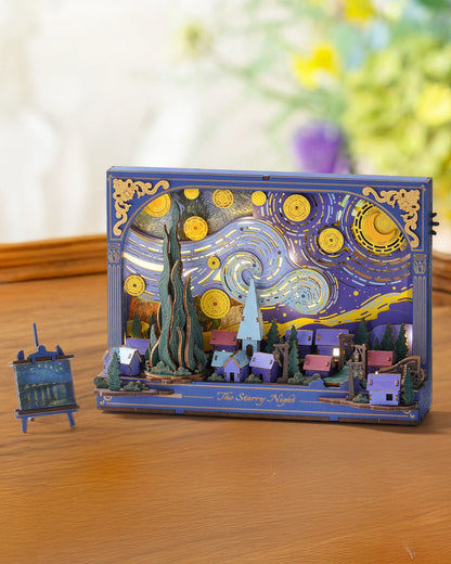 Robotime The Starry Night Wall Art Moving 3D Wooden Puzzle with LED Light Gears Interactive Desk Decor Unique DIY Gift for Adult