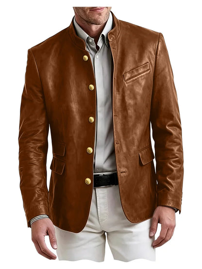 Men's Stand Collar Leather Blazer Slim Fit Single Breasted Golden Metal Buttons Multi Pocket Coat For Business Wedding Daily