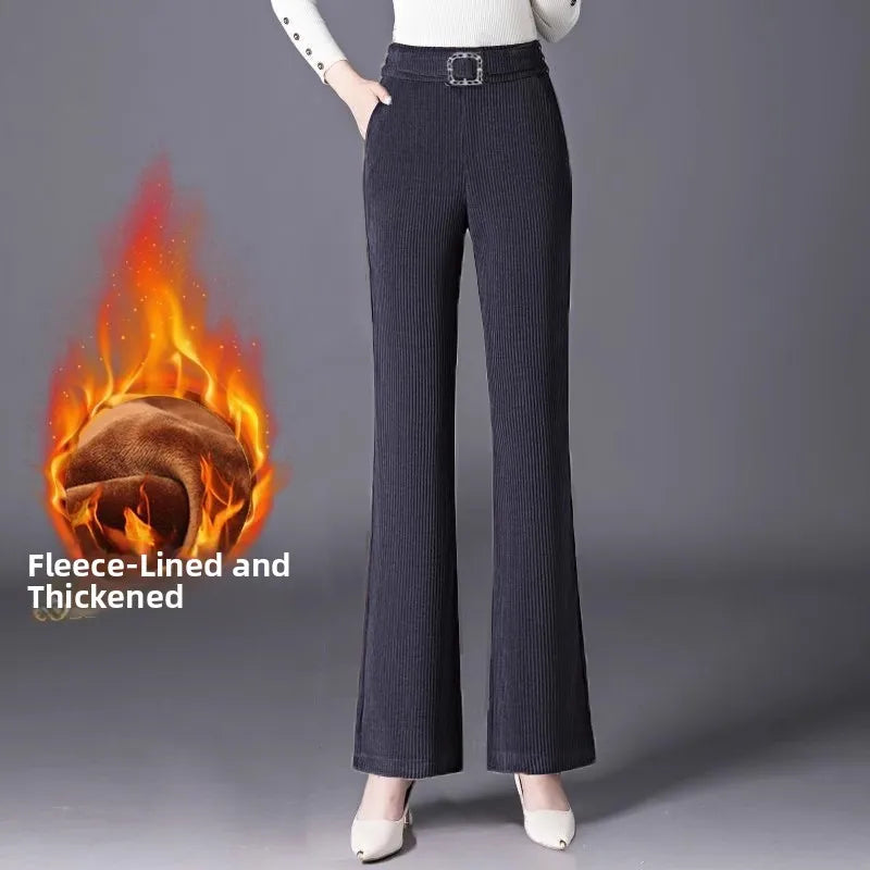 plus Size Flared Pants for Women Autumn Winter Fce Lined Casual High Waist Nine Points ket Pants for Middle-Aged Mothers