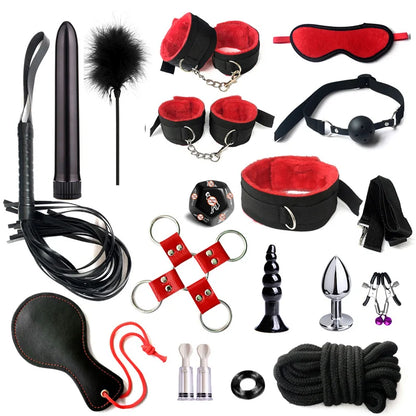 Sex Bondage Set Plush Sex Toy BDSM Kits for Women Couples Adult Games Adjustable Handcuffs Ankle Whip Gag Nipple Clamps Toys