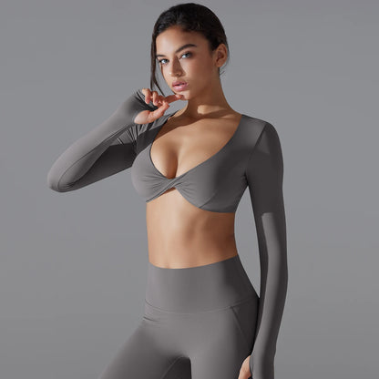 Sexy Cross Long Sleeve Sports Bra Push Up Yoga Crop Top Women Fitness Gym Workout Tops Women Brassiere Sport Female Clothing