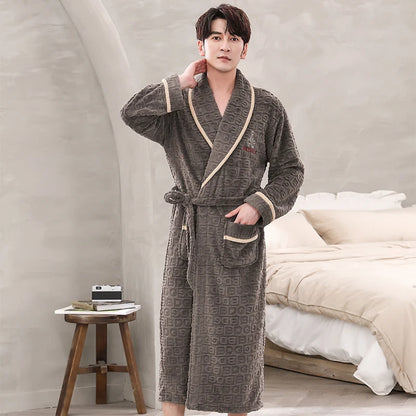 Men Sleepwear Robe Winter Flannel Thicken Terry Robe Male Long Sleeve Kimono Warm Bathrobe Home Wear Peignoir Men Robe