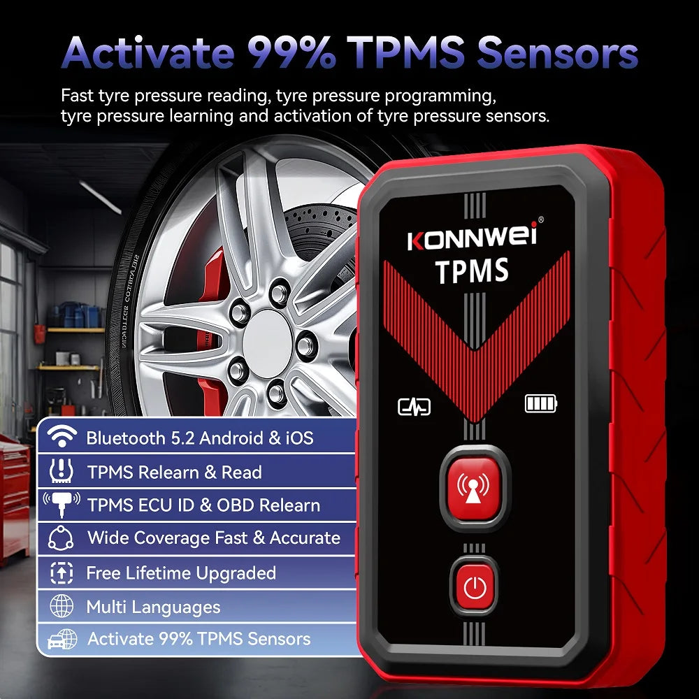 2026 KONNWEI TK100 TPMS Car Tire Pressure Diagnostic Tool Relearn Program 2PCS 315/433Mhz Sensor For ios Android TPMS Programing
