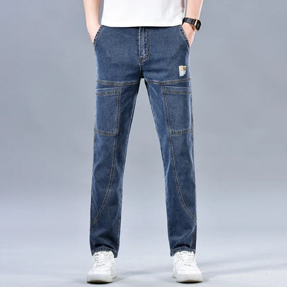 Design Jeans Men's Autumn New Multi-Pocket Fashion Stretch Straight Cotton Casual Denim Trousers Brand Clothing Male Blue Black
