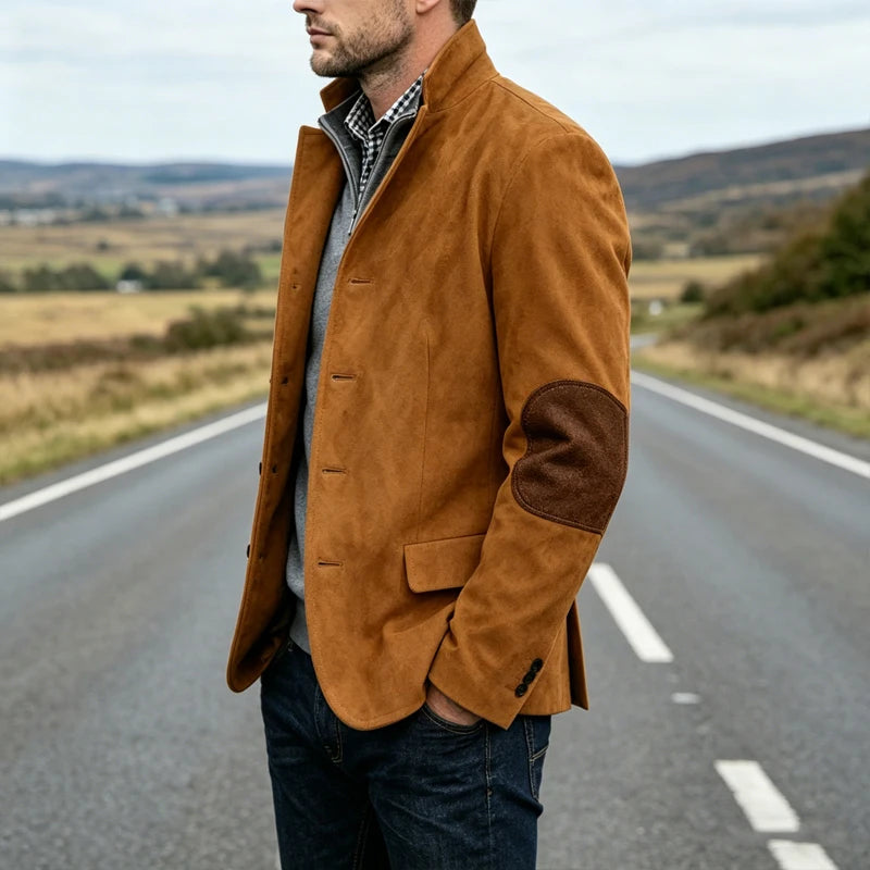 Vintage Men's Suede Blazer Notch Lapel Elbow Patches Slim Fit Jacket Business Casual Men Fashion Outerwear for Spring Autumn