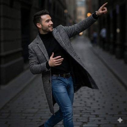 Men's Single Breasted Woolen Blend Trench Coat, Stripes Long Warm Windproof Jacket for Autumn, Classic Solid Color Outerwear