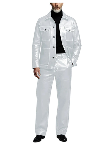 Men's 2 Piece PU Leather Suit Set Multi Pocket Shirt Collar Trucker Jacket Straight Leg Pants Business Casual Streetwear Outfits