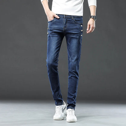 New Men Slim Korean Button Jeans Black Skinny Solid Color Stretch Multi-button Youth Male Denim Pants Streetwear