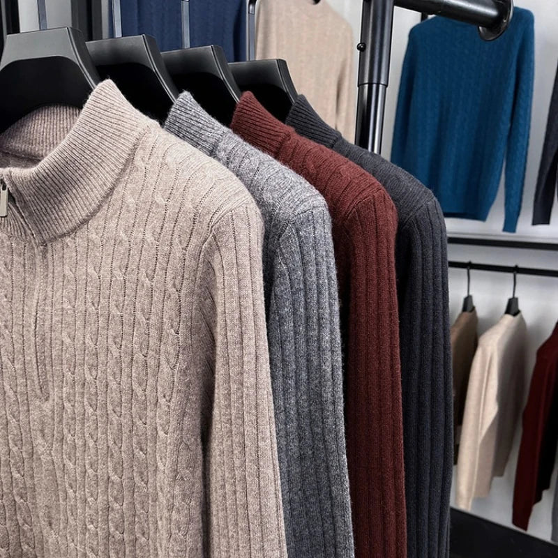 410g Pure Wool Sweater Men's, Thickened Anti-Pilling, Semi-Zip High Neck, Old Money Luxury Style