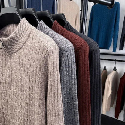 410g Pure Wool Sweater Men's, Thickened Anti-Pilling, Semi-Zip High Neck, Old Money Luxury Style