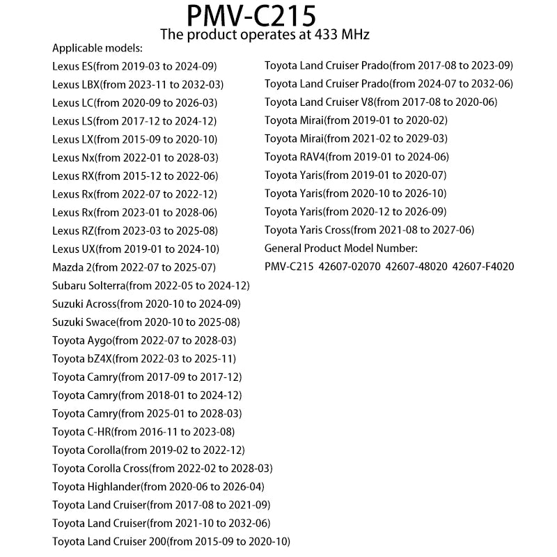 1/4PCS PMV-C215 433MHZ Tire Pressure Sensor For Toyota  Aygo bZ4X Land Cruiser C-HR RAV4 Car TPMS 42607-02070 42607-48020