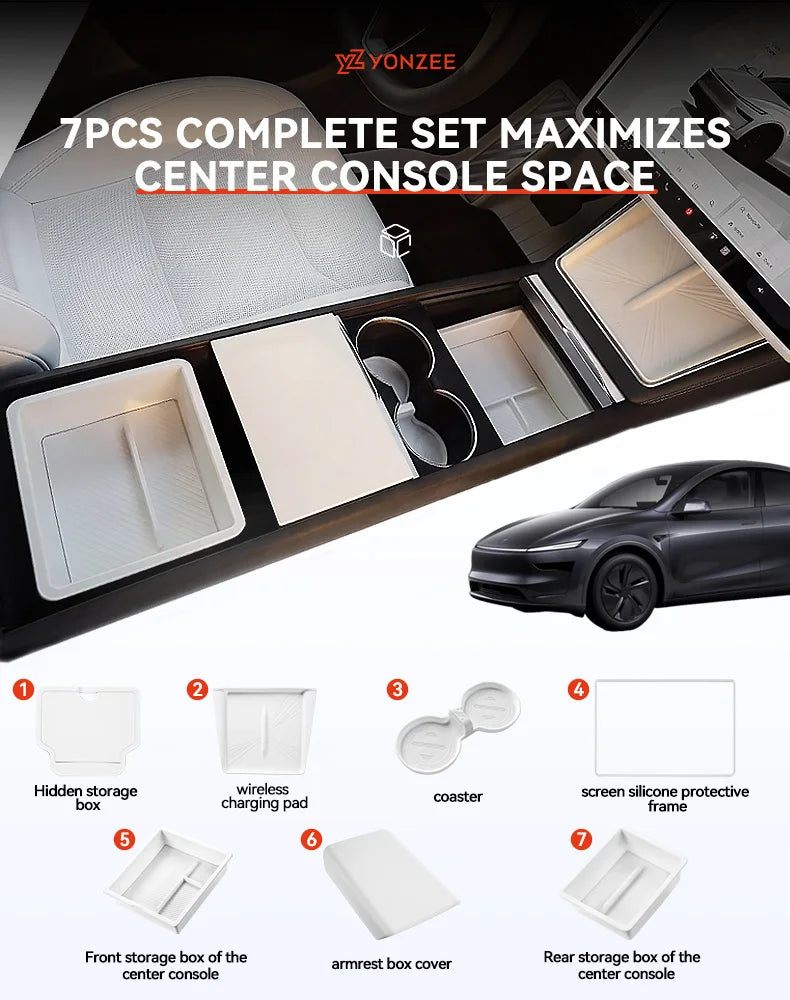 YZ For Tesla Model Y YL Juniper Model 3 Highland 2026 Console & Armrest Storage Box ABS Non-slip Mat Cup Holder Box Accessories