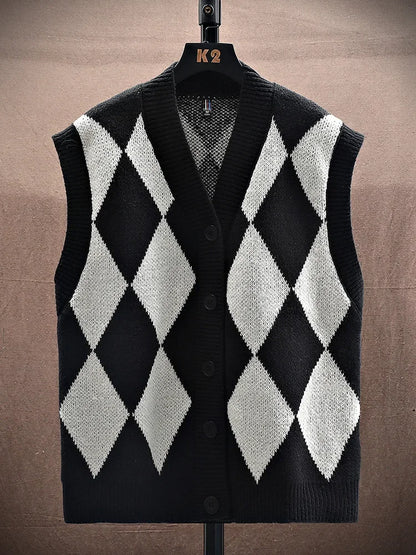 Autumn Winter Men Casual Checkerboard Comfortable Versatile Breathable Warm Vest Cardigan New Men Sports Leisure Warm Knit Vest