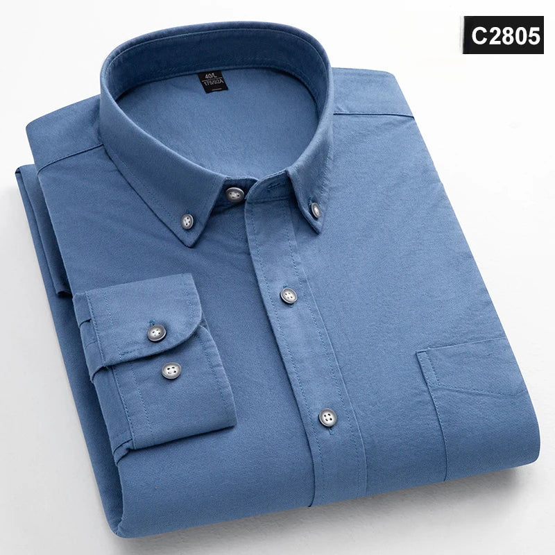 Classic Fit Fashion 100% Cotton Long-Sleeve Shirt for Men Single Pocket Slim Fit Casual Top Soft Oxford Solid Color Office Cloth