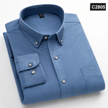 Classic Fit Fashion 100% Cotton Long-Sleeve Shirt for Men Single Pocket Slim Fit Casual Top Soft Oxford Solid Color Office Cloth