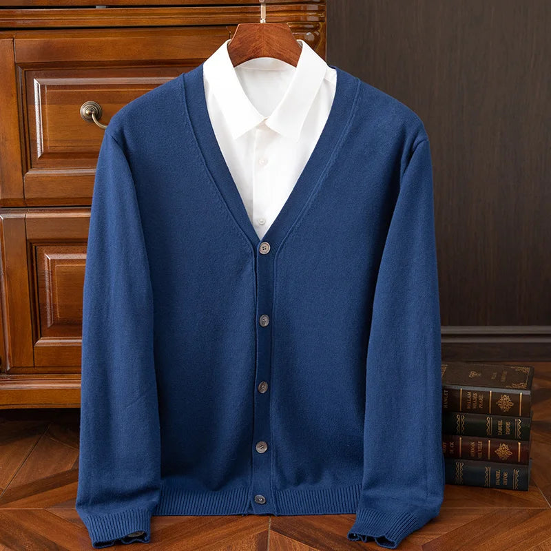 Autumn Winter V-neck Merino Wool Cardigan Men's Cashmere Knitwear Sweater Button Top Casual Basic Business Clothing Tops