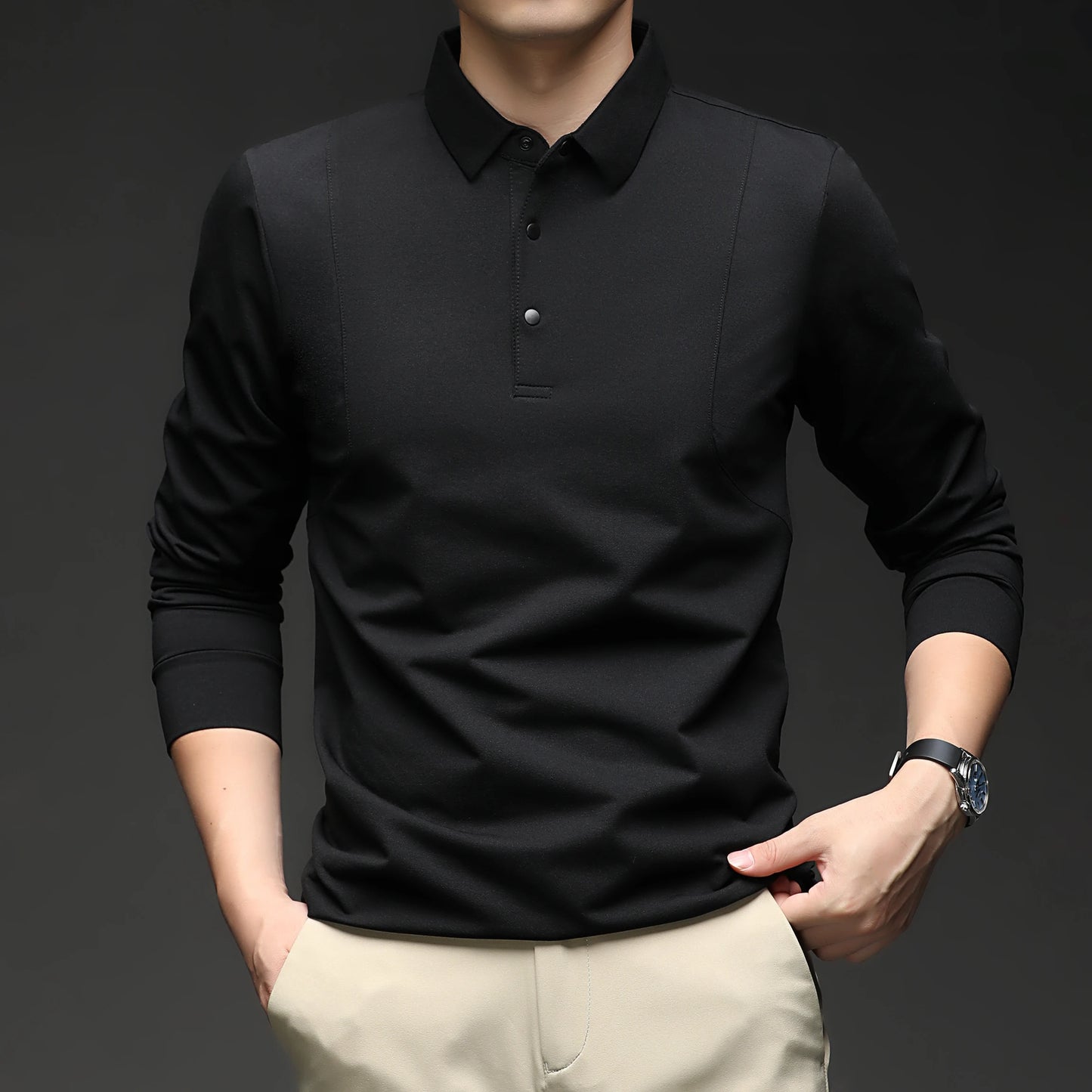 High-end 2026 New Polo Shirt for Men's Top Versatile Casual Business Style Solid Color Long-sleeved Lapel T-shirt Lapel  Shirt