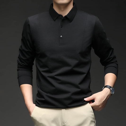 High-end 2026 New Polo Shirt for Men's Top Versatile Casual Business Style Solid Color Long-sleeved Lapel T-shirt Lapel  Shirt